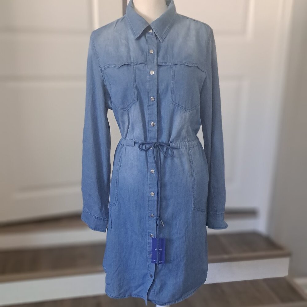 CHOUYATOU Denim Dress Long Sleeve draw string waistband Snap Down XL NWT